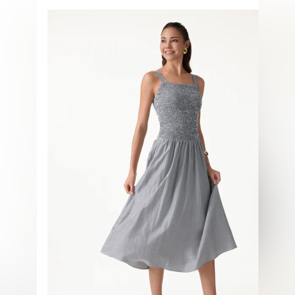 OGL Gray Smocked Square-Neck Midi Dress with Striped Skirt